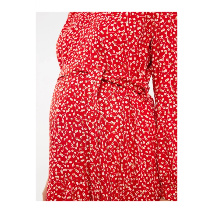 V Yaka Desenli Uzun Kollu Viskon Hamile Elbise