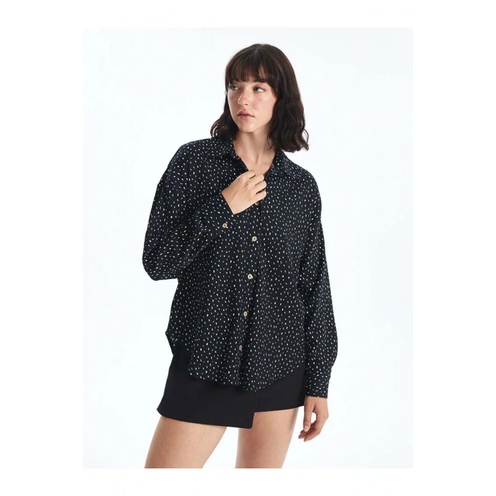 LCW Vision Siyah Desenli Uzun Kollu Oversize Kadın Gömlek