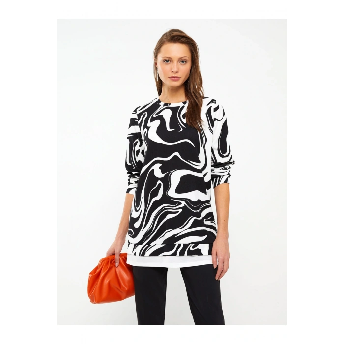 Bisiklet Yaka Baskılı Uzun Kollu Kadın Tunik