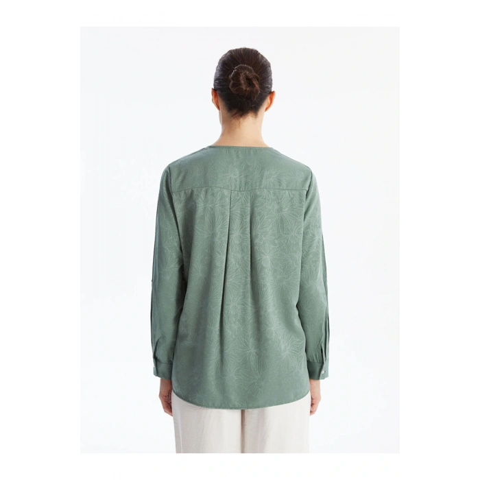 V Yaka Çiçekli Uzun Kollu Kadın Bluz