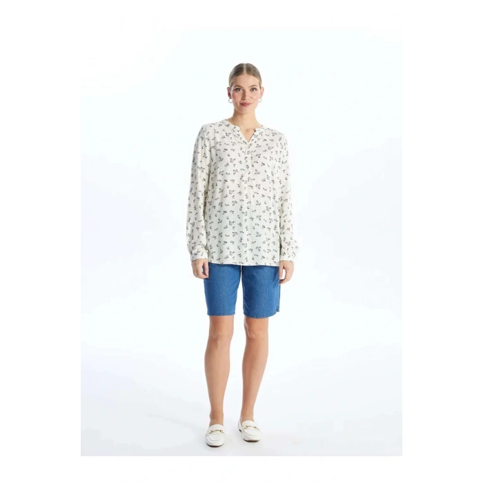 LCW Grace Ekru Kaçık Yaka Desenli Uzun Kollu Kadın Bluz