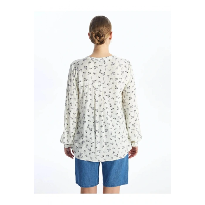 LCW Grace Ekru Kaçık Yaka Desenli Uzun Kollu Kadın Bluz