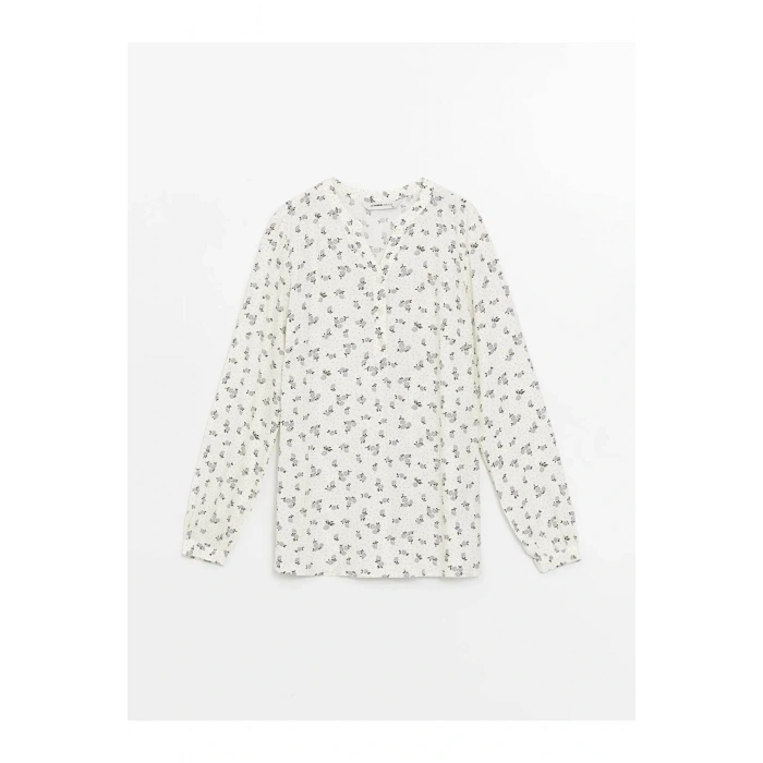 LCW Grace Ekru Kaçık Yaka Desenli Uzun Kollu Kadın Bluz