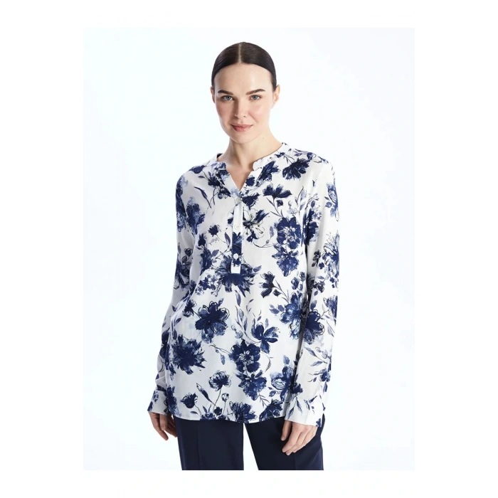 LCW Grace Lacivert Kaçık Yaka Desenli Uzun Kollu Kadın Bluz