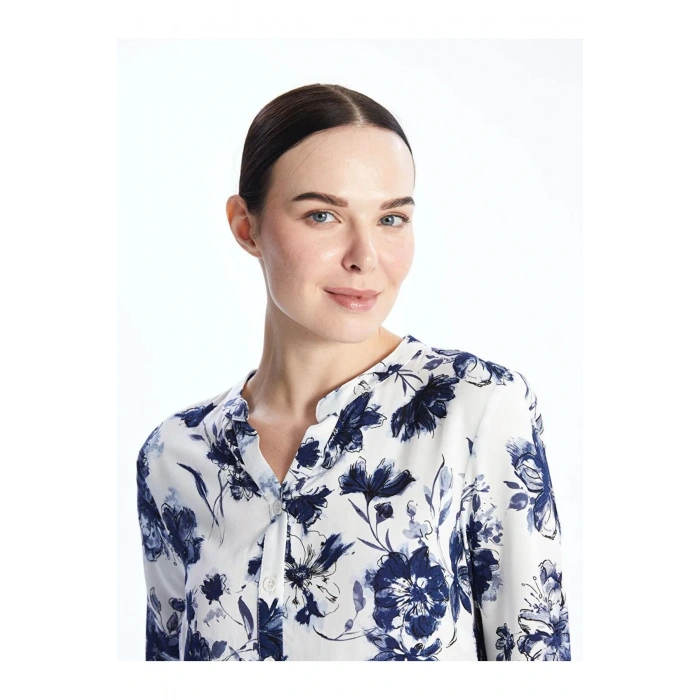 LCW Grace Lacivert Kaçık Yaka Desenli Uzun Kollu Kadın Bluz