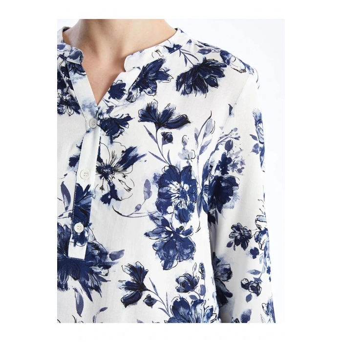 LCW Grace Lacivert Kaçık Yaka Desenli Uzun Kollu Kadın Bluz