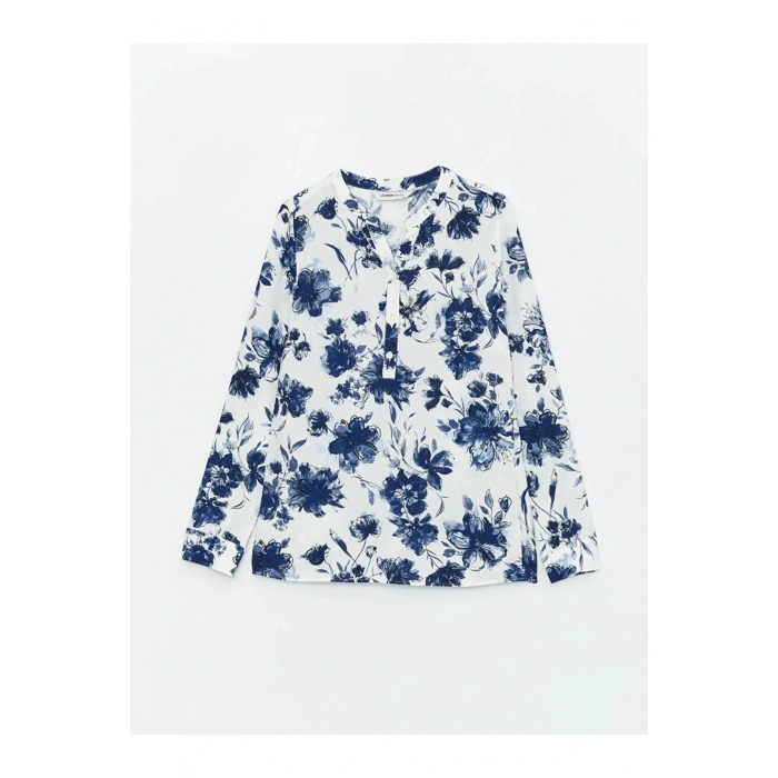 LCW Grace Lacivert Kaçık Yaka Desenli Uzun Kollu Kadın Bluz