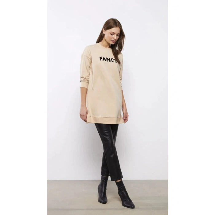 Classic Bisiklet Yaka Nakışlı Uzun Kollu Oversize Kadın Tunik