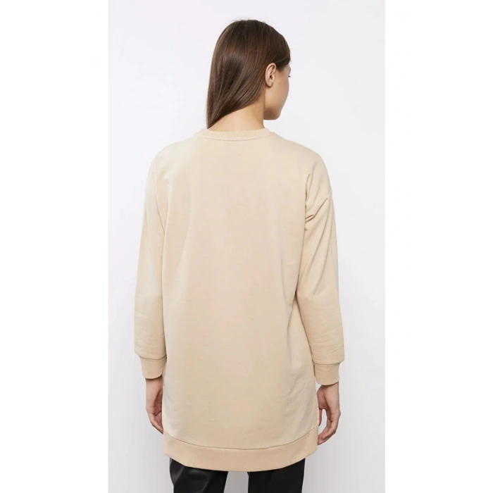 Classic Bisiklet Yaka Nakışlı Uzun Kollu Oversize Kadın Tunik