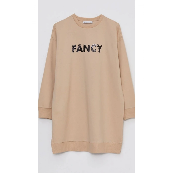 Classic Bisiklet Yaka Nakışlı Uzun Kollu Oversize Kadın Tunik