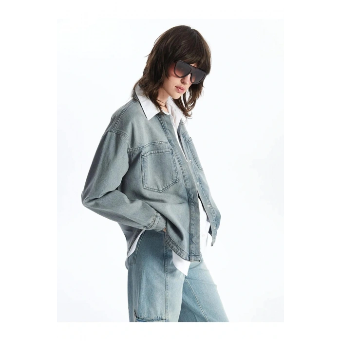 LCW Vision Gri Oversize Kadın Jean Gömlek Ceket