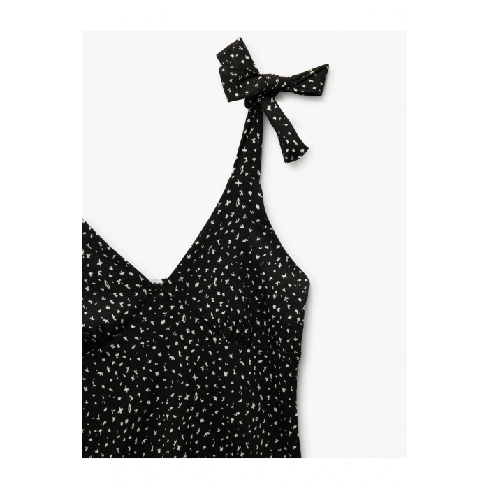 Askılı Fiyonk Detaylı V Yaka Çiçekli Mini Elbise Bürümcük