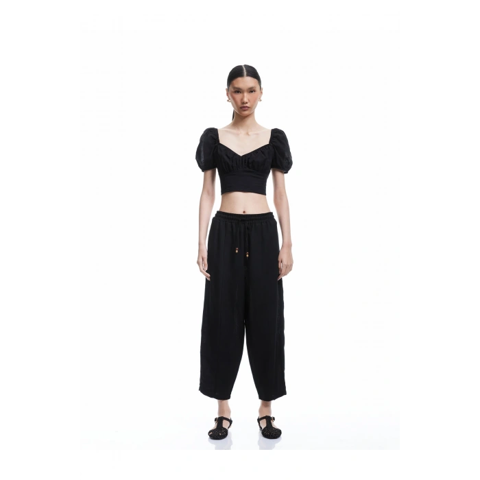 Astarlı Rahat Kalıp Beli Bağcıklı Balon Fit Keten Pantolon