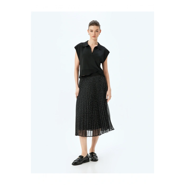 Astarlı Yüksek Bel Puantiyeli Midi Boy Pileli Şifon Etek