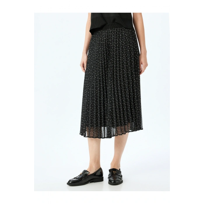 Astarlı Yüksek Bel Puantiyeli Midi Boy Pileli Şifon Etek