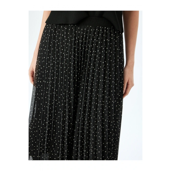 Astarlı Yüksek Bel Puantiyeli Midi Boy Pileli Şifon Etek