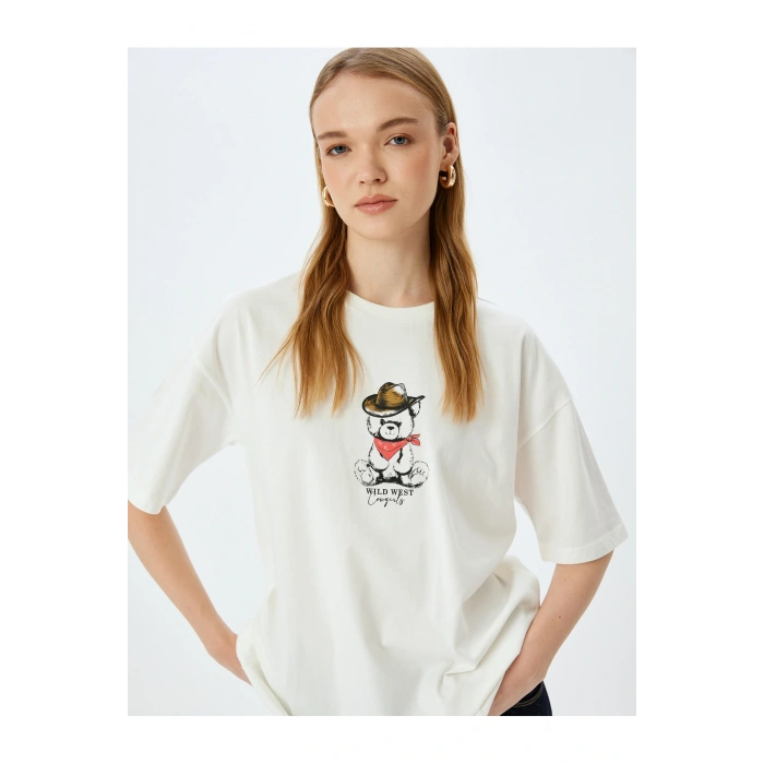 Ayı Baskılı Bisiklet Yaka Kısa Kollu Oversize Tişört
