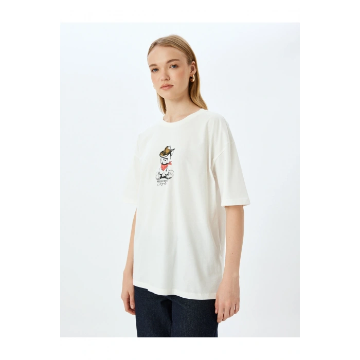 Ayı Baskılı Bisiklet Yaka Kısa Kollu Oversize Tişört