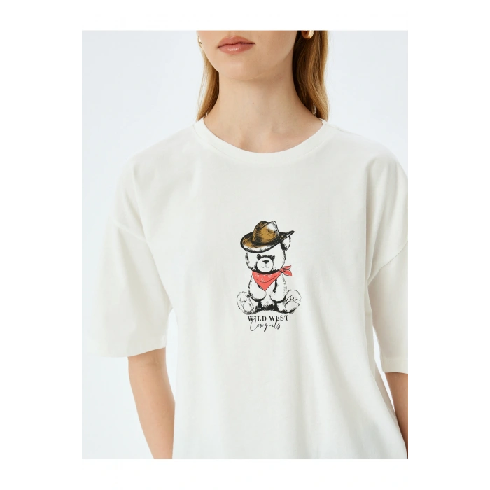 Ayı Baskılı Bisiklet Yaka Kısa Kollu Oversize Tişört