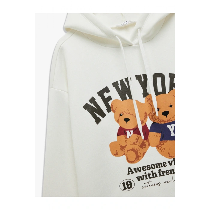 Ayı Baskılı Şardonlu Kapüşonlu Oversize Sweatshirt