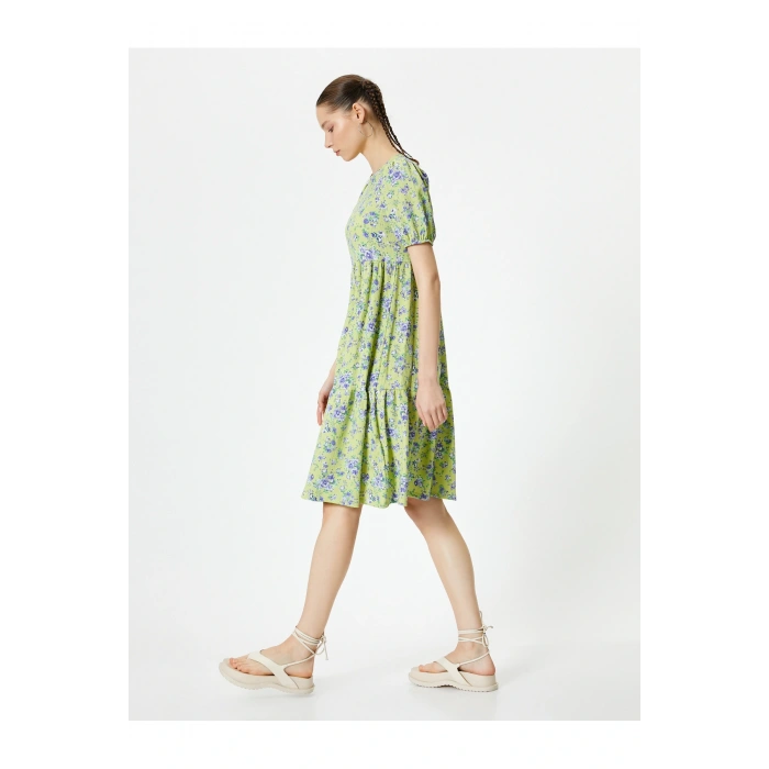 Balon Kol Çiçekli Elbise Midi Boy Rahat Kalıp Bisiklet Yaka Dokulu Bürümcük