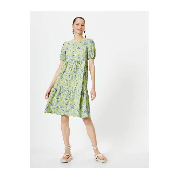 Balon Kol Çiçekli Elbise Midi Boy Rahat Kalıp Bisiklet Yaka Dokulu Bürümcük