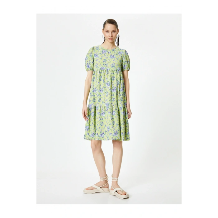 Balon Kol Çiçekli Elbise Midi Boy Rahat Kalıp Bisiklet Yaka Dokulu Bürümcük