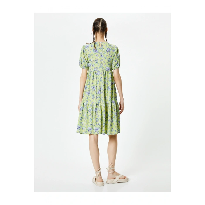 Balon Kol Çiçekli Elbise Midi Boy Rahat Kalıp Bisiklet Yaka Dokulu Bürümcük