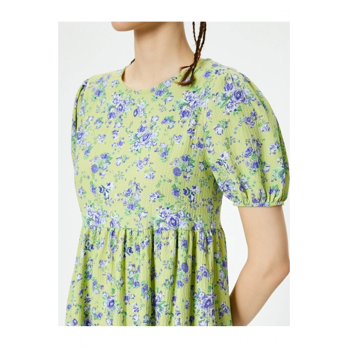 Balon Kol Çiçekli Elbise Midi Boy Rahat Kalıp Bisiklet Yaka Dokulu Bürümcük