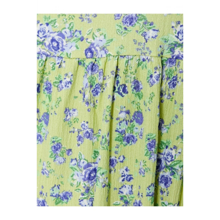 Balon Kol Çiçekli Elbise Midi Boy Rahat Kalıp Bisiklet Yaka Dokulu Bürümcük