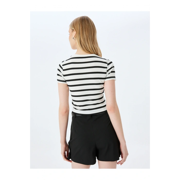 Basic Çizgili Bisiklet Yaka Kısa Kollu Kaşkorse Slim Fit Kadın Tişört