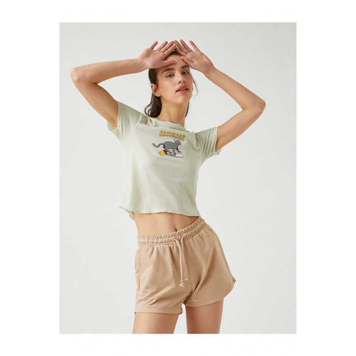 Baskılı Fitilli Kısa Kollu Bisiklet Yaka Tişört