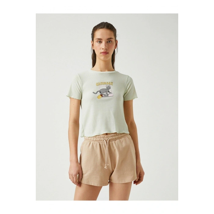 Baskılı Fitilli Kısa Kollu Bisiklet Yaka Tişört