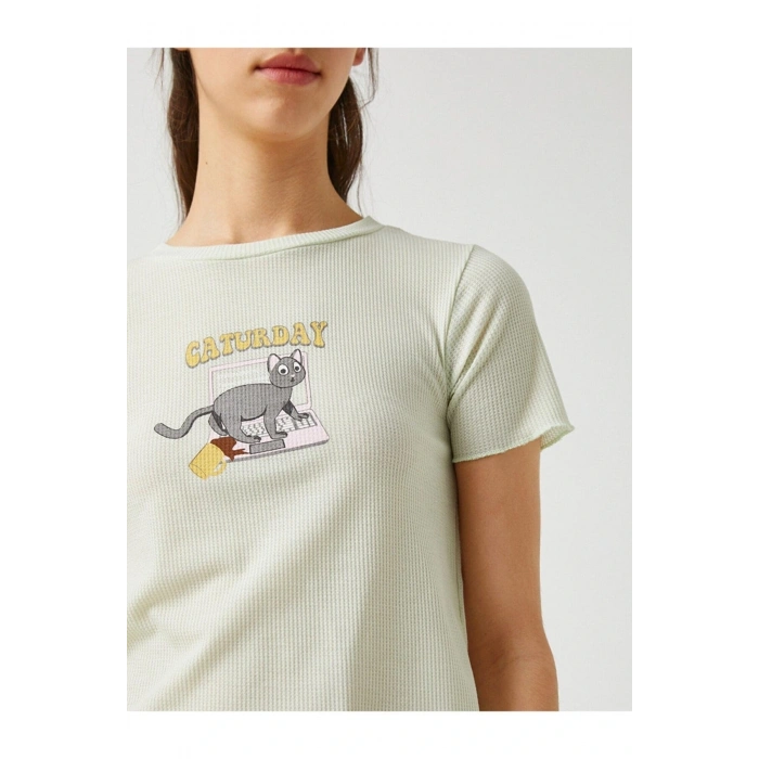 Baskılı Fitilli Kısa Kollu Bisiklet Yaka Tişört