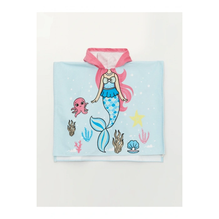 Baskılı Kapüşonlu Kız Çocuk Kadife Plaj Havlusu