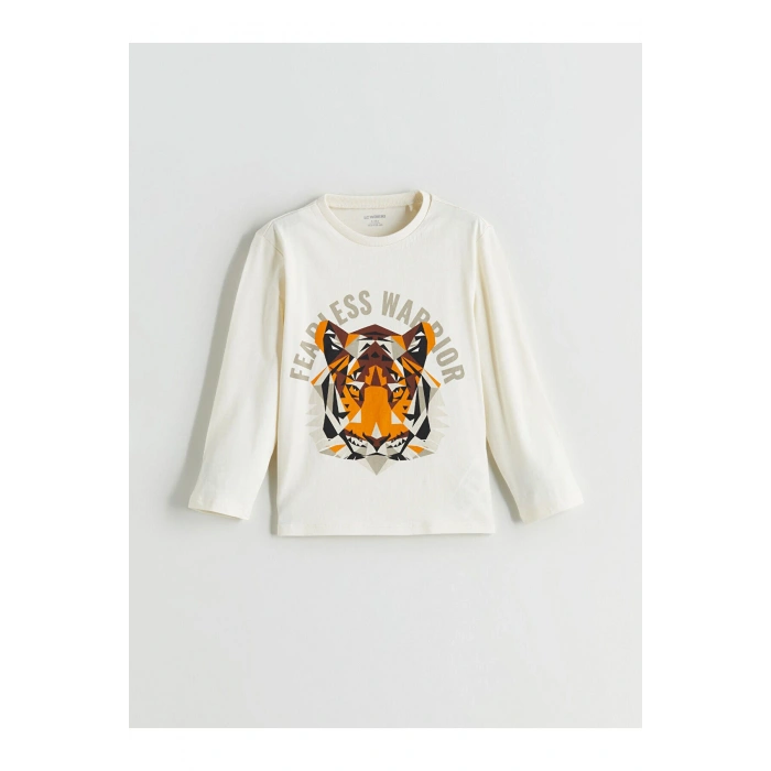 Bej Bisiklet Yaka Kaplan Baskılı Erkek Çocuk Tişört