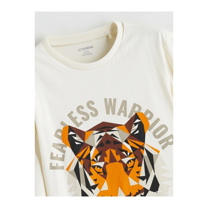 Bej Bisiklet Yaka Kaplan Baskılı Erkek Çocuk Tişört