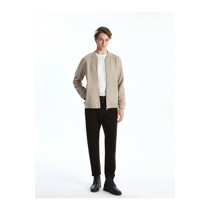 Bej Kolej Yaka Uzun Kollu Erkek Fermuarlı Sweatshirt