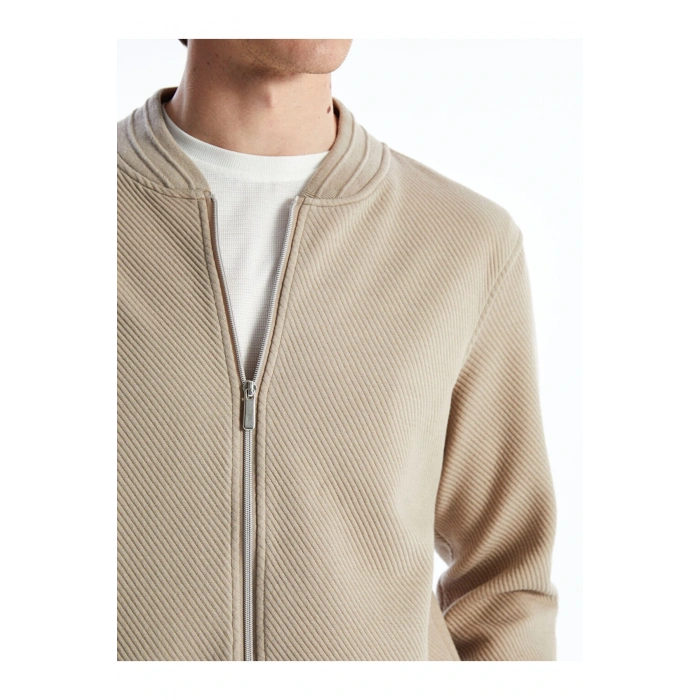 Bej Kolej Yaka Uzun Kollu Erkek Fermuarlı Sweatshirt