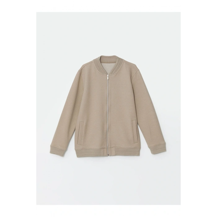 Bej Kolej Yaka Uzun Kollu Erkek Fermuarlı Sweatshirt