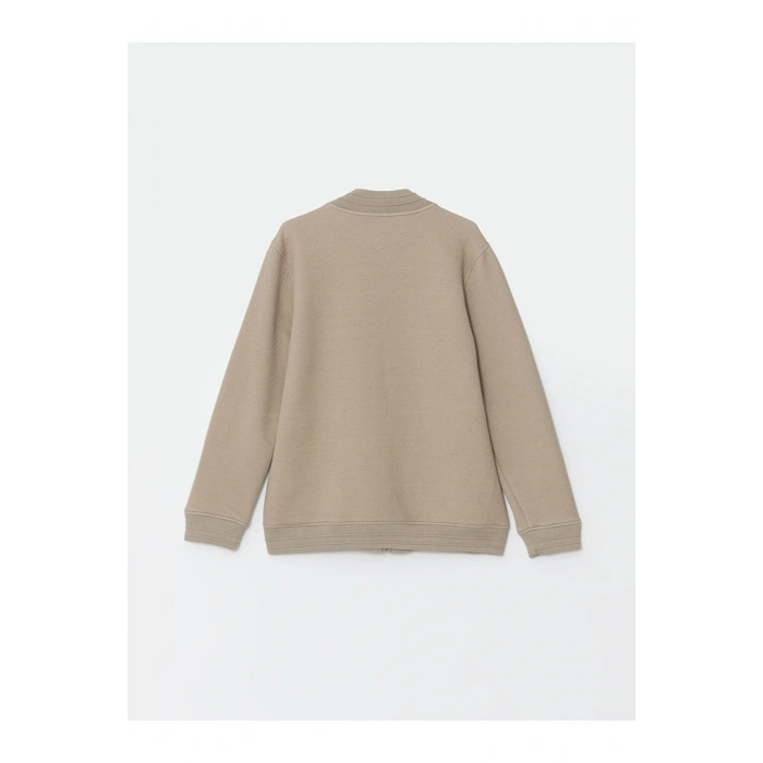 Bej Kolej Yaka Uzun Kollu Erkek Fermuarlı Sweatshirt