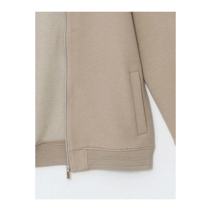 Bej Kolej Yaka Uzun Kollu Erkek Fermuarlı Sweatshirt