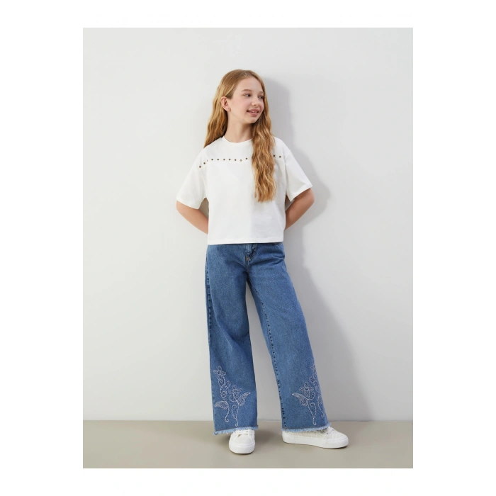 Beli Ayarlanabilir Lastikli Çiçekli Kız Çocuk Jean Pantolon