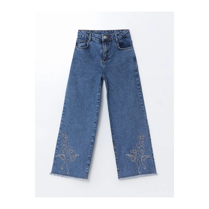 Beli Ayarlanabilir Lastikli Çiçekli Kız Çocuk Jean Pantolon