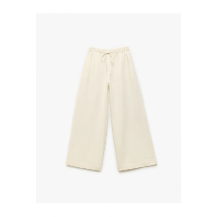 Beli Bağcıklı Cepli Palazzo Viskon Keten Karışımlı Pantolon