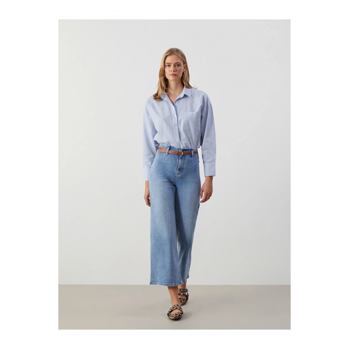 Beli Kemerli Wideleg Kadın Jean Pantolon