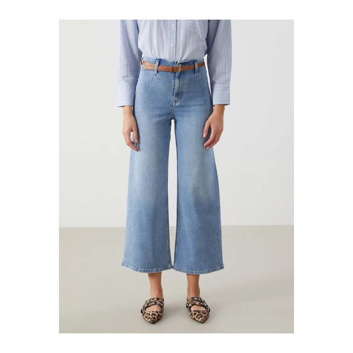 Beli Kemerli Wideleg Kadın Jean Pantolon