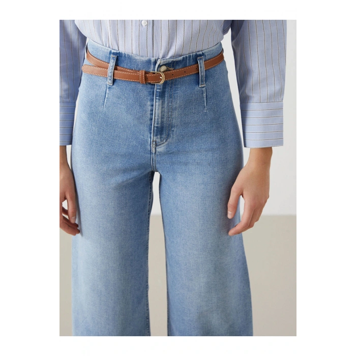 Beli Kemerli Wideleg Kadın Jean Pantolon