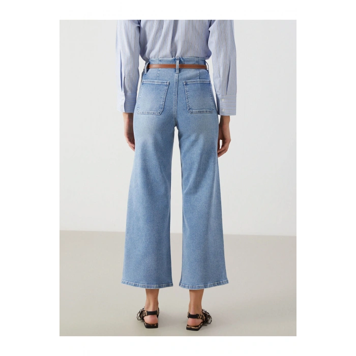 Beli Kemerli Wideleg Kadın Jean Pantolon