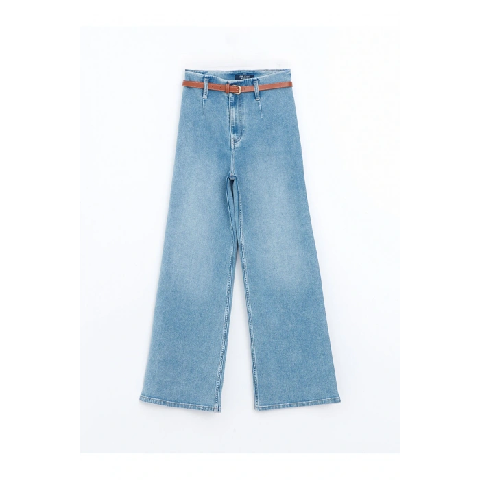 Beli Kemerli Wideleg Kadın Jean Pantolon